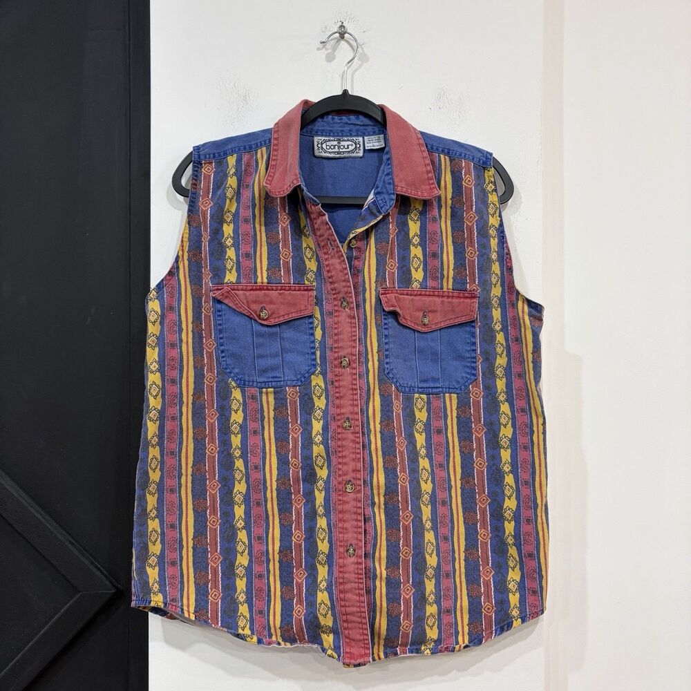 Bonjour Women’s Western Aztec Sleeveless Button Up Vest Size Large Colorful